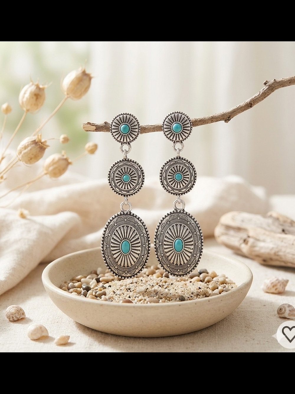 Turquoise Silver-Tone Triple Drop Earrings - Women Jewelry - Picture 2 of 2